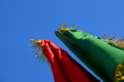 Low angle view of leaf against blue sky