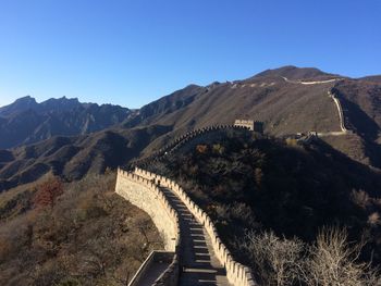 Panoramic view of mountain range against clear sky