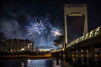 Firework display over river against sky at night