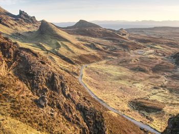 Spring view of quiraing mountains with blue sky, isle of skye. sharp rocky mountains above vallley