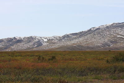 Scenic view of snowcapped mountains against clear sky