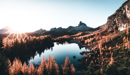 Scenic view of lake and mountains against clear sky