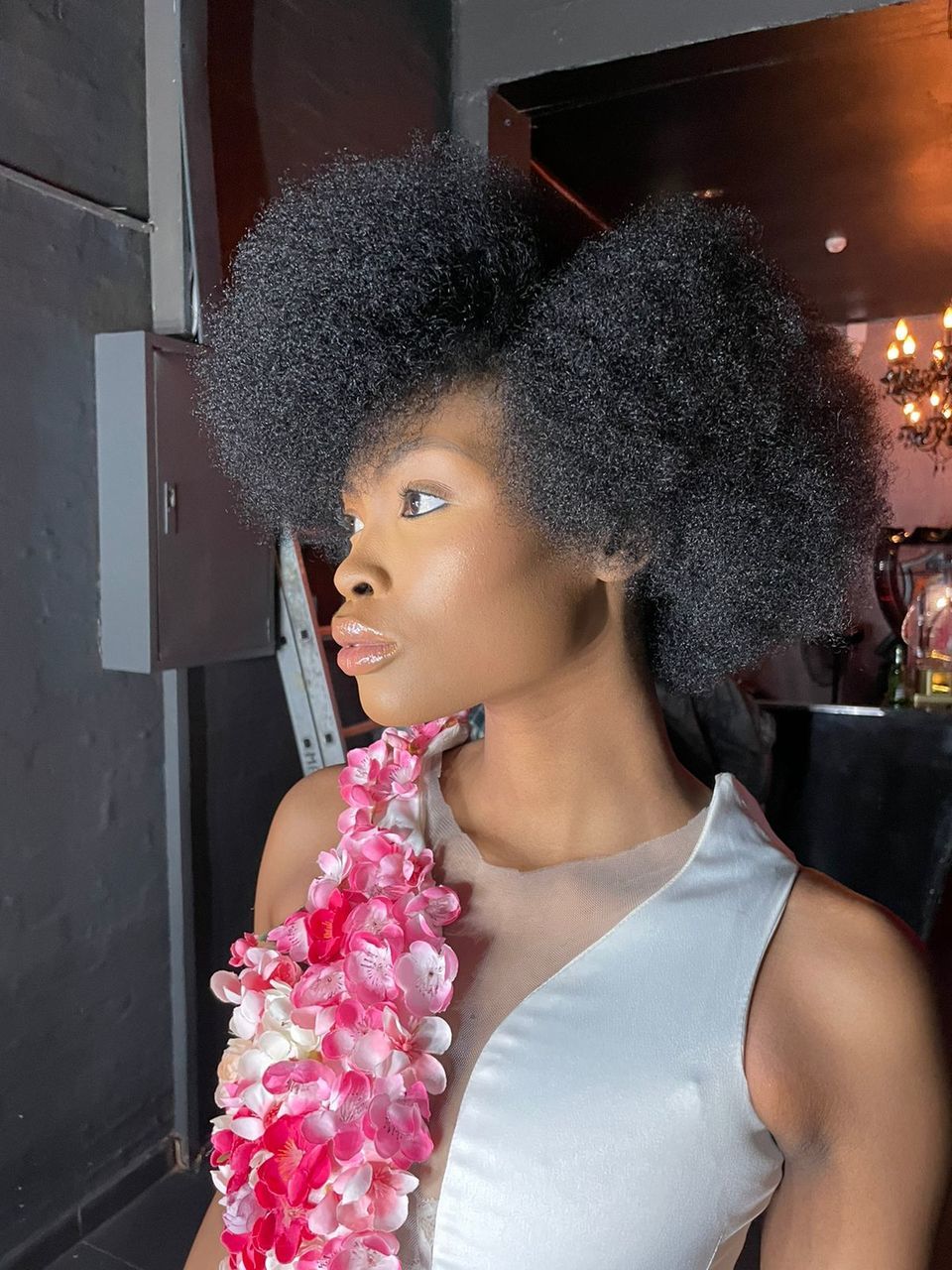 one person, hairstyle, afro, women, curly hair, adult, human hair, portrait, young adult, fashion, clothing, arts culture and entertainment, lifestyles, indoors, waist up, pink, black hair, dress, looking, flower, headshot, emotion, standing, female, looking away, leisure activity, person, smiling, happiness, glamour