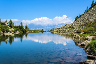 Panoramic view of lake and trees against blue sky