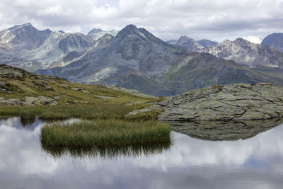 Scenic view of lake and mountains against sky