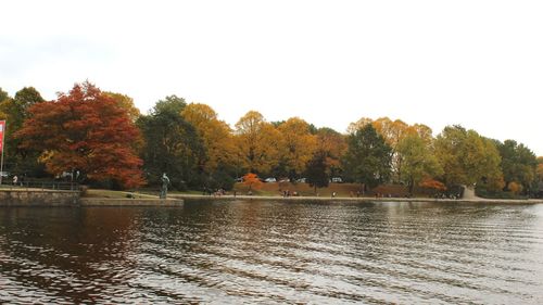 Scenic view of lake by trees against clear sky