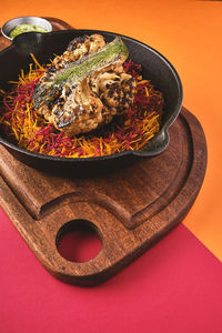 High angle view of food in plate