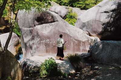 Rear view of man standing on rock against waterfall