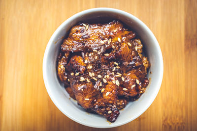 High angle view of food in bowl on table