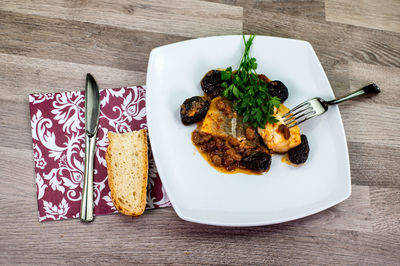 High angle view of food in plate on table