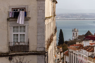 High angle view of building against bay