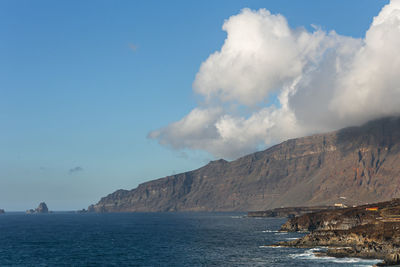 Scenic view of sea and mountains against sky