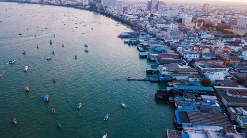 High angle view of city at waterfront