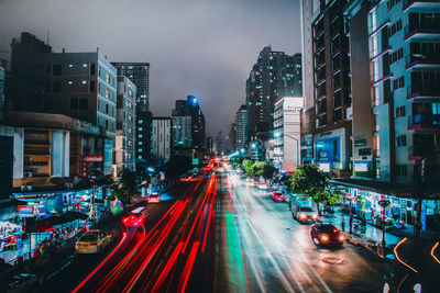 Blurred motion of traffic on city street at night