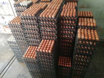 Close-up of egg crates for sale