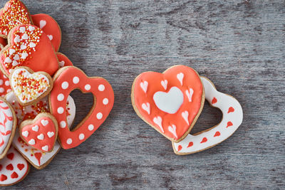 High angle view of heart shape cookies on table