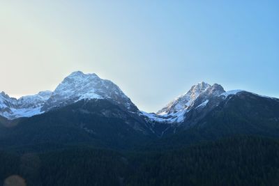 Scenic view of snowcapped mountains against clear sky