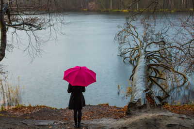 Rear view of mature woman with pink umbrella standing on field by lake during rainy season