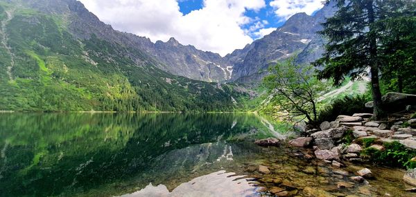 Scenic view of lake and mountains against sky