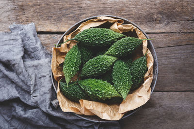 High angle view of leaves in container on table