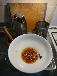 High angle view of soup in bowl on table