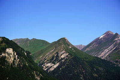 Scenic view of mountains against clear blue sky