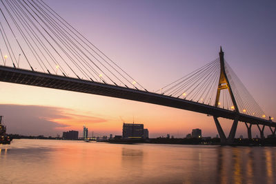 Suspension bridge over river during sunset