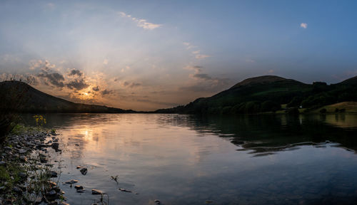 Scenic view of lake against sky during sunset