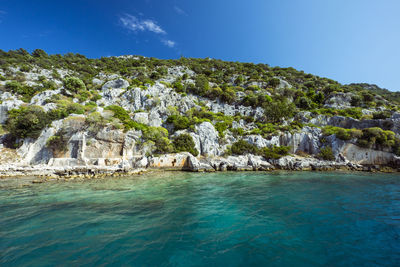 Scenic view of sea against rocks