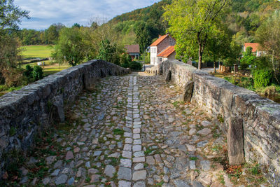 Rear view of man walking on footpath