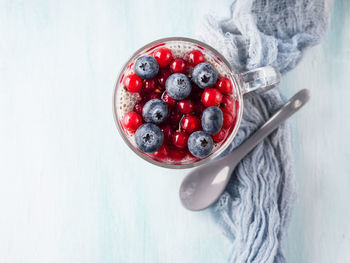 High angle view of fruits in bowl on table