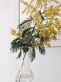 Close-up of flower vase on table against wall