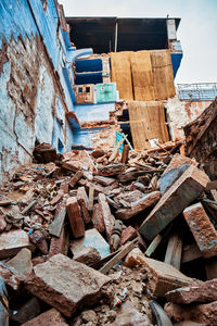 Stack of logs in abandoned building