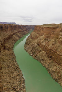 Aerial of the colorado river cutting a green line through the de