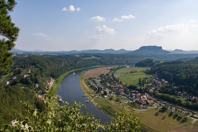 High angle view of river amidst landscape against sky