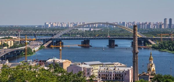 Top view of kiev from the side of the andriyivskyy descent, ukraine, on a sunny summer morning