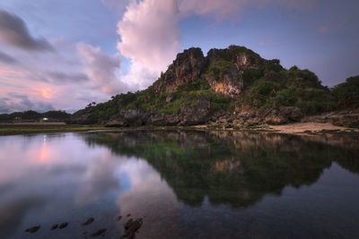 Scenic view of lake against sky during sunset