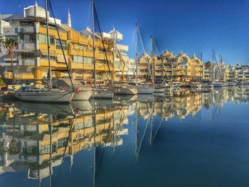 Sailboats moored at harbor against clear sky