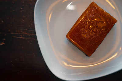 High angle view of dessert in plate on table