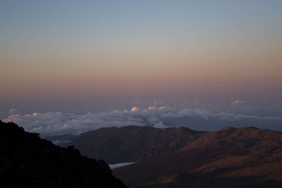 Scenic view of mountains against sky during sunset