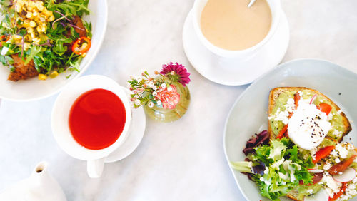 High angle view of food served on table