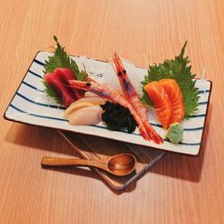 High angle view of sushi in plate on table