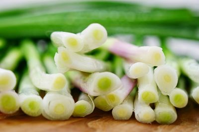 Close-up of scallions on table