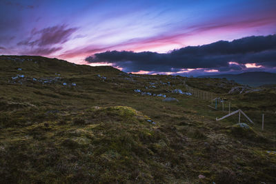 Scenic view of field against sky at sunset