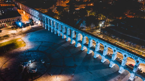 High angle view of illuminated bridge at night