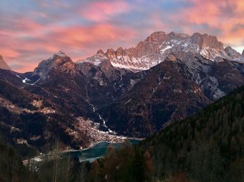 Scenic view of mountains against sky during sunset