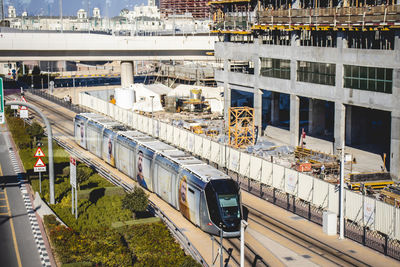 High angle view of train at railroad station