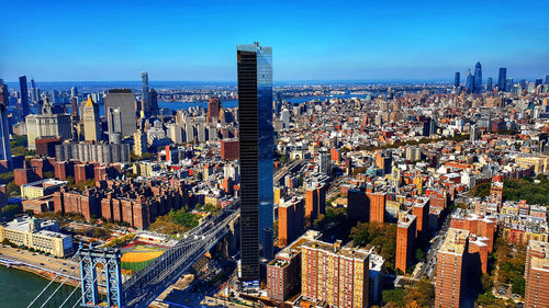 High angle view of modern buildings in city