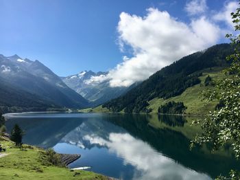 Scenic view of lake and mountains against sky