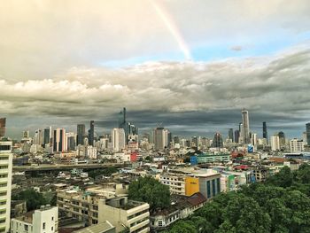 Cityscape against cloudy sky